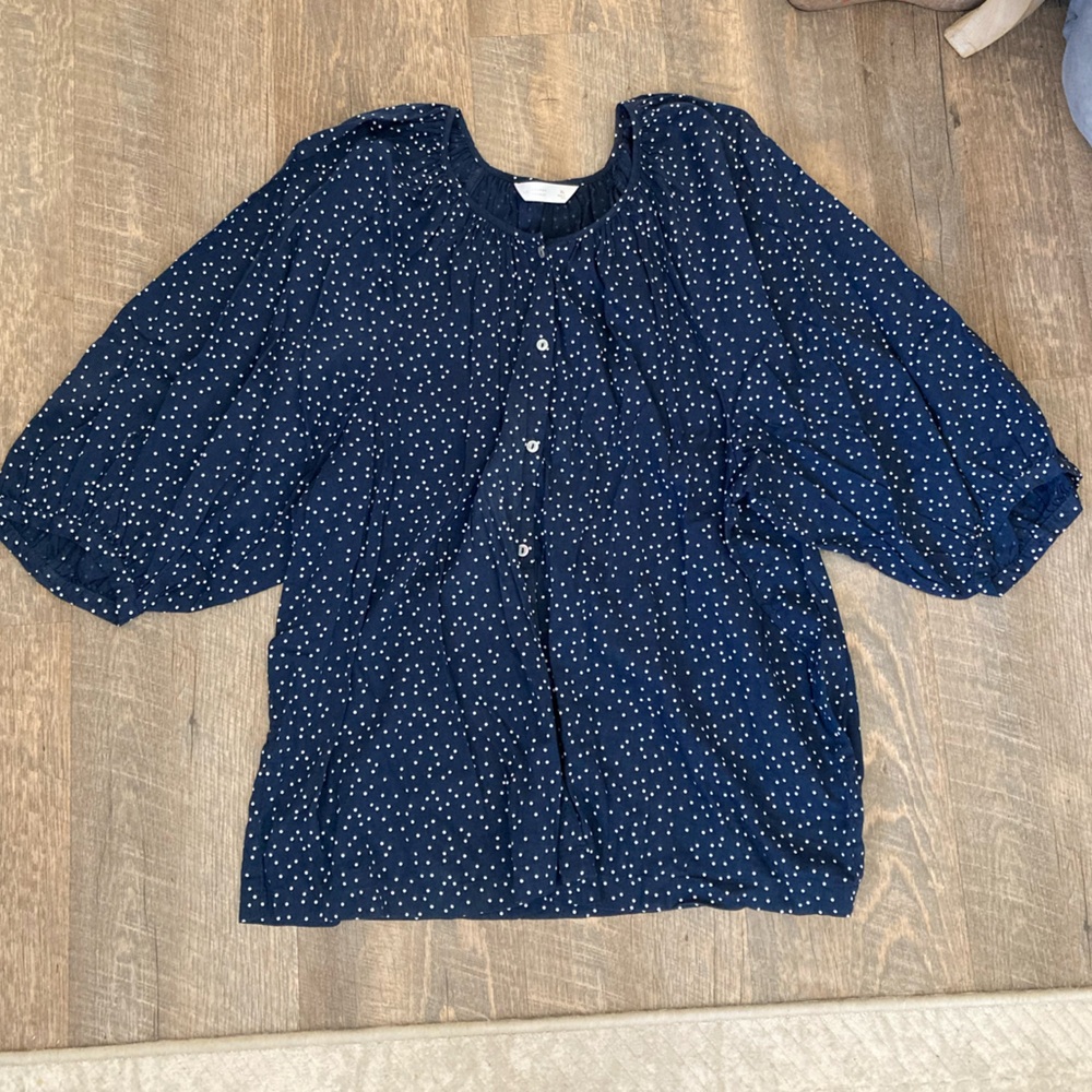 Lauren Conrad | Navy Blue & White Polka Dot Button Down Blouse
